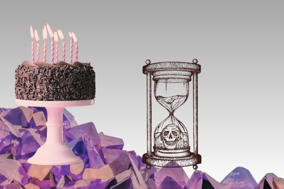 atop a grey tinged background, purpley crystals form a slope upon which sits two graphics: a chocolate birthday cake covered in lit candles and an hour glass with sand in both ends and a skull in the bottom compartment