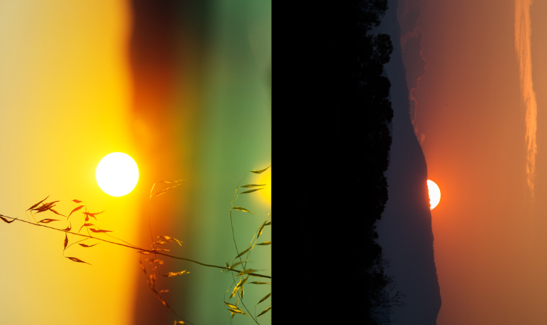 A sunrise and sunset image side by side but vertical